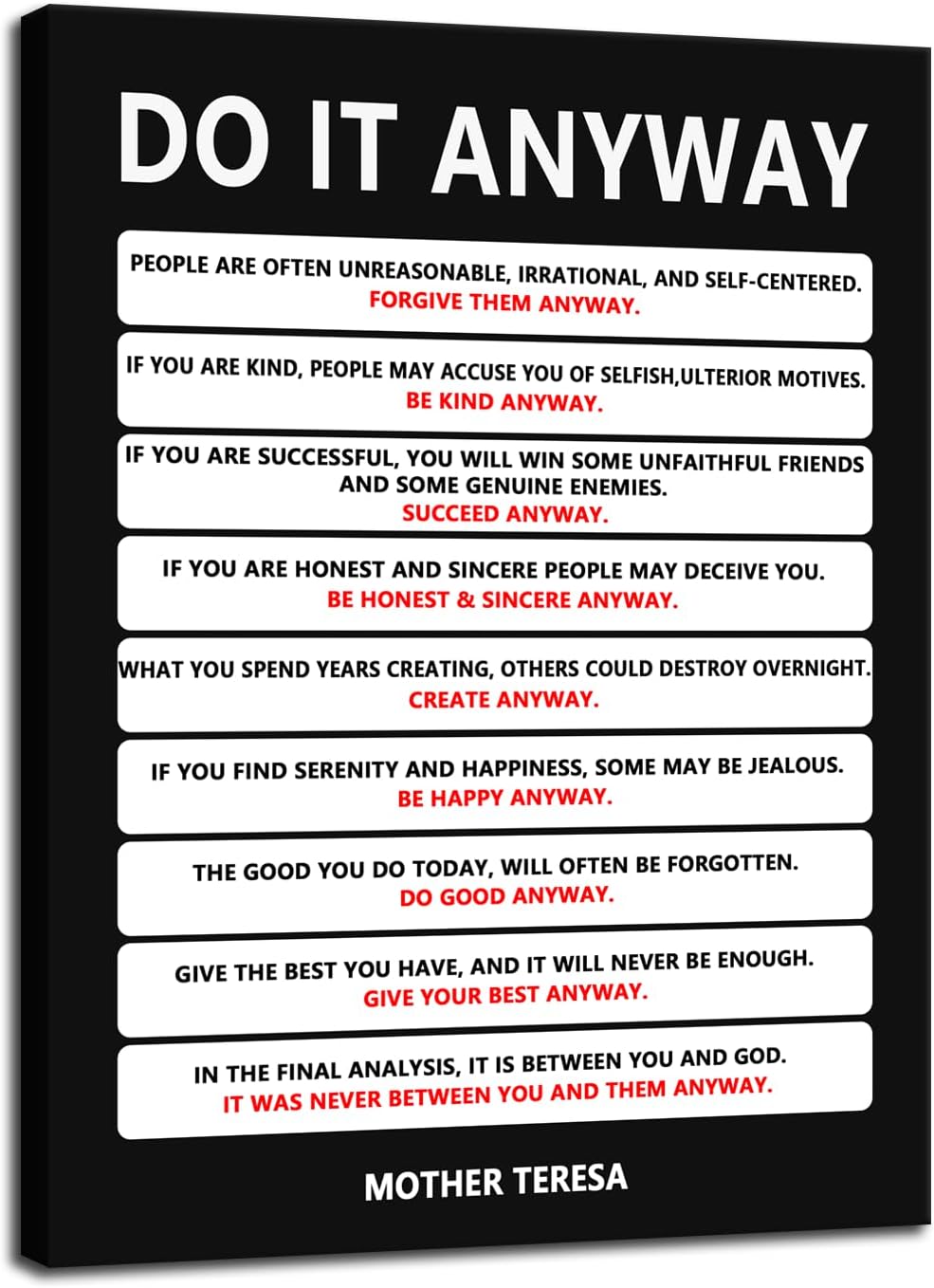 Inspirational Poster Motivational Wall Art Do It Anyway Mother Teresa Quote Canvas Prints Artwork for Office Living Room Modern Home Decor Painting Pictures Stretched and Framed [30''Wx 40''H]