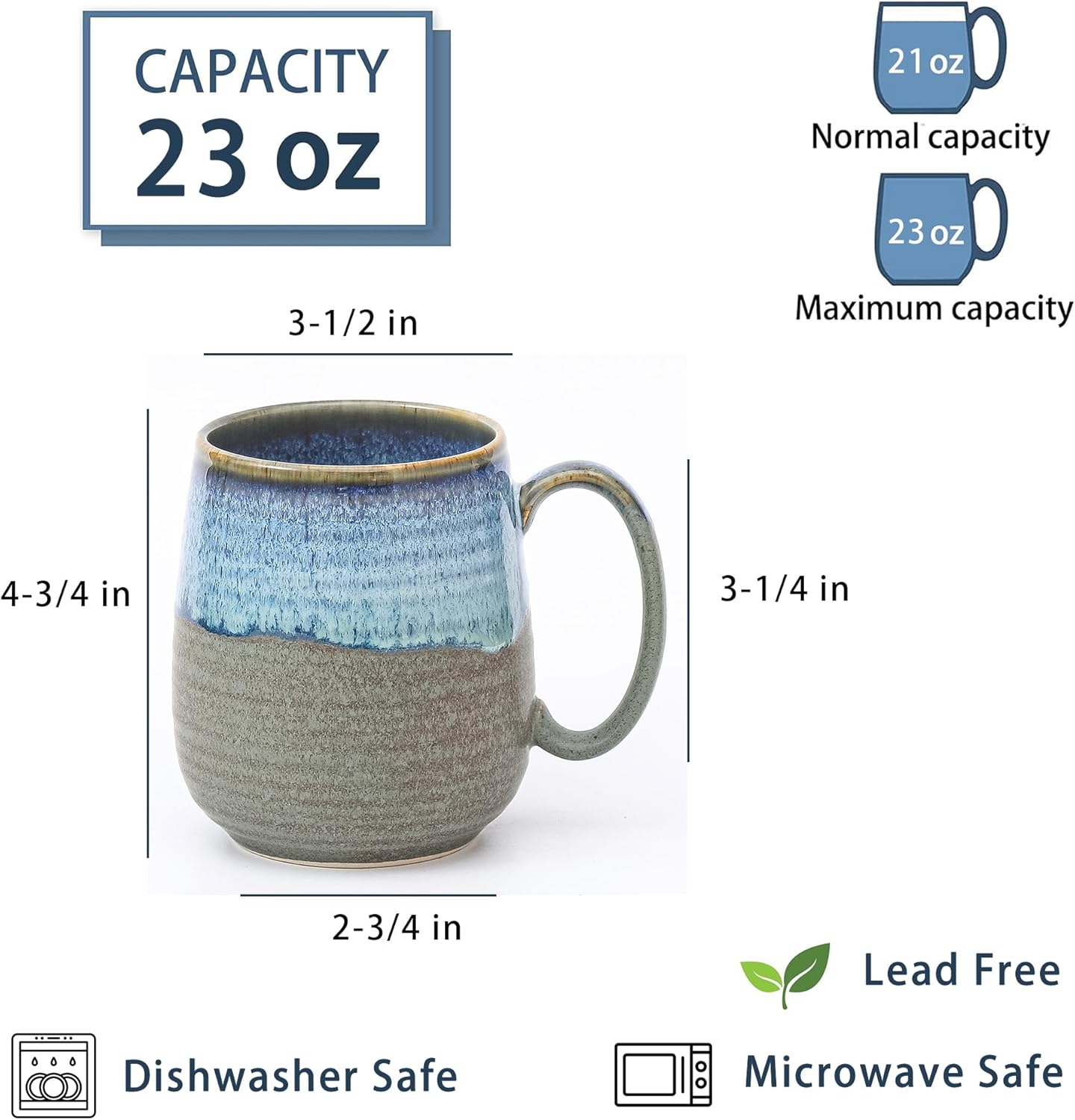 Large Coffee Mugs, Extra Large Ceramic Coffee Mug, 23 oz Handmade Pottery Mug, Big Tea Cups with Handle for Office and Home, Dishwasher and Microwave Safe (Blue Grey)