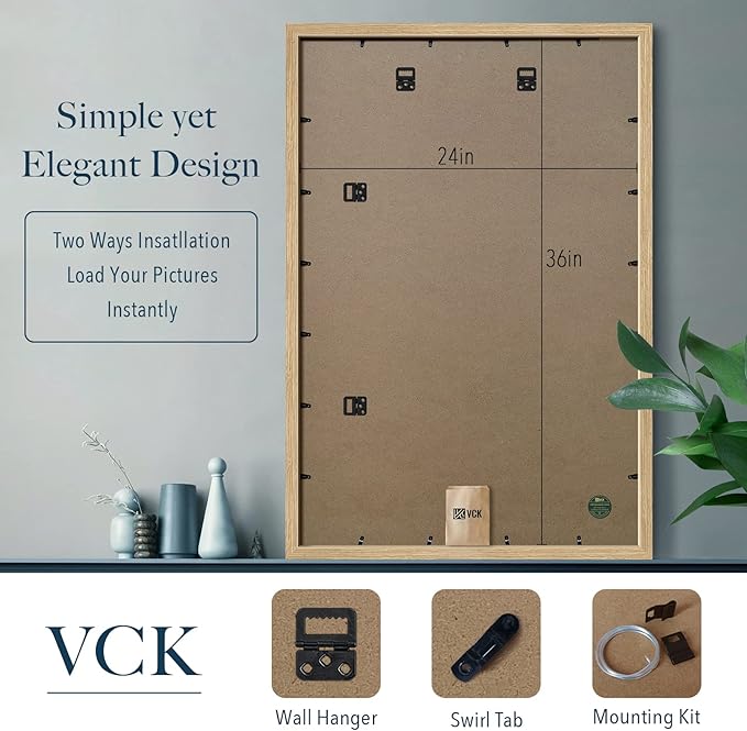 VCK 24x36 Poster Frame Set of 3 - Oak, Natural Solid Wood Picture Frames, Wall Gallery Frame