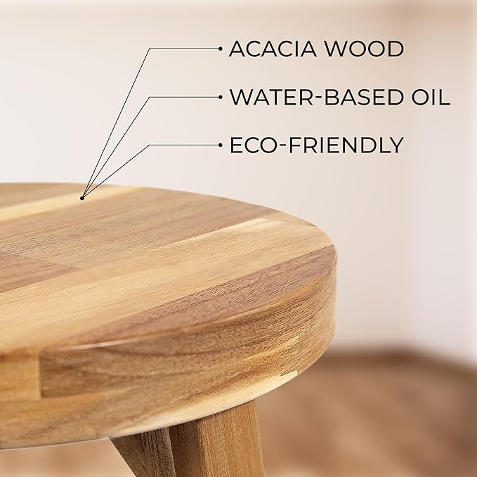 Round Stool Acacia Wood, 28" Height, 11" Round Top, Backless, Easy Assembly, Natural Wax Finish, Wooden Stool for Plant, Dining Room, Living Room, Garden, Makeup