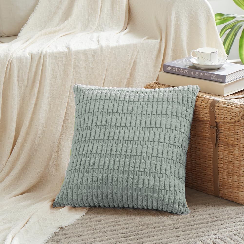 Fancy Homi 4 Packs Grey Blue Decorative Throw Pillow Covers 22x22 Inch for Living Room Couch Bed Sofa, Rustic Farmhouse Boho Home Decor, Soft Striped Corduroy Square Cushion Case 55x55 cm