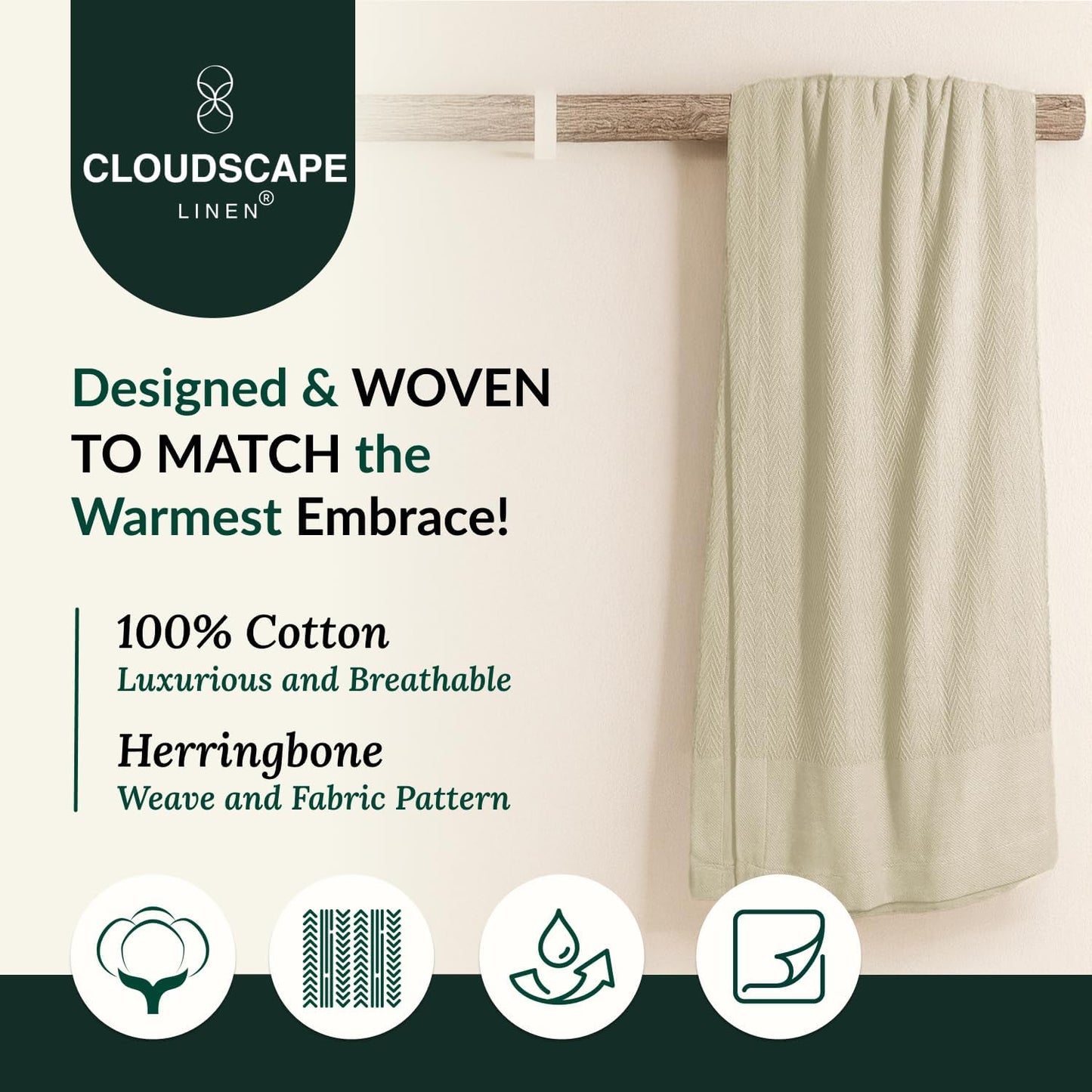 Cloud Scape Linen 100% Cotton Blanket King Size for Bed – Lightweight All Season Blanket, Herringbone Weave, for Women, Mom, Men, fits California King, 92x108, Beige Fog