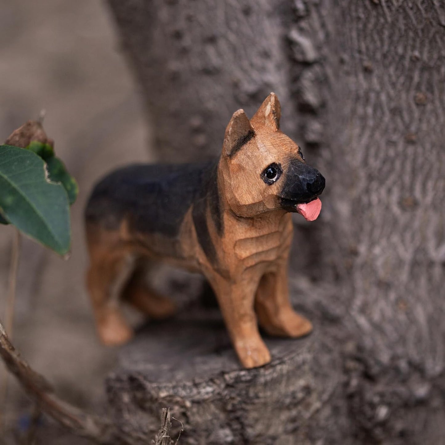 Handmade German Shepherd Dog Figurine - Realistic Wood Carving Statue for Home Decor & Gift - Small Collectible White Cardboard Packaging