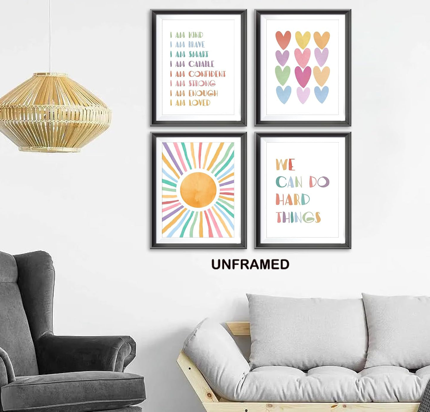 I am Kind Brave Smart Affirmations Colorful Sun Sunshine Hearts Poster Prints for Girls Kids Room Playroom Decor,Girl Nursery Decorations Prints Wall Art Unframed 4pcs,Girls Kids Gifts (12x16 in)