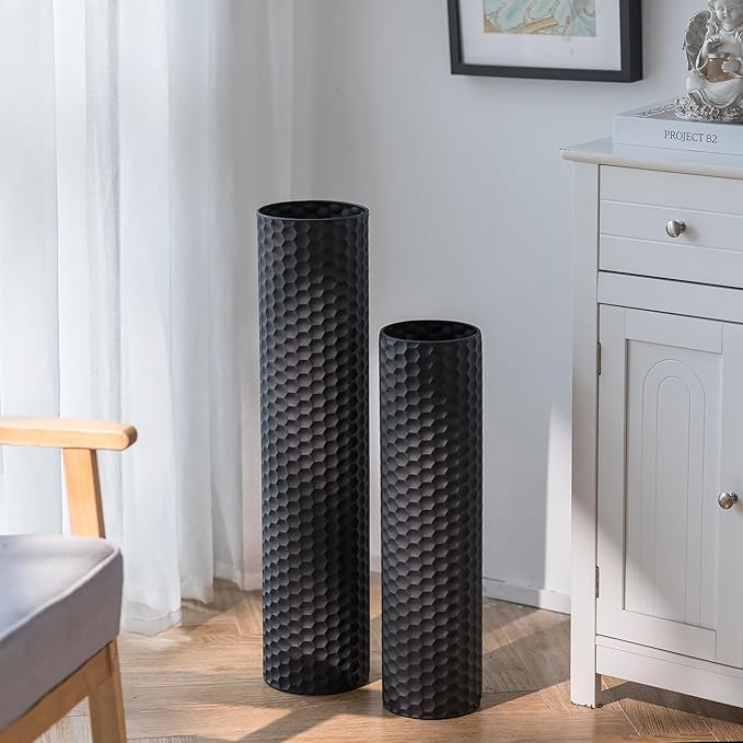 Sziqiqi Black Cylinder Tall Floor Vase: 27.6/21.7in Metal Extra Large Decorative Vase Set of 2 Living Room Modern Honeycomb Texture Big Standing Vase for Dining Bedroom Home Corner Indoor Office