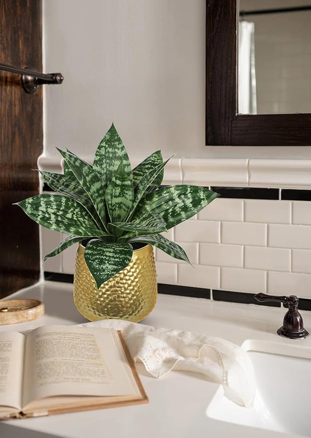 Hollyone Artificial Snake Plants 9" Faux Agave Succulent Plant Potted in Gold Metal Pot Fake Sansevieria Aloe Tropical Plant for Desk Modern Office Home Bathroom Indoor Outdoor Decor