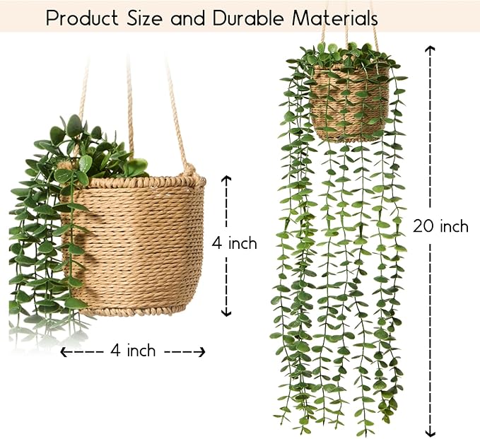 3 Pack Artificial Hanging Plants in Boho Handwoven Baskets for Living Room, Bedroom, Bathroom Wall Shelf Decor