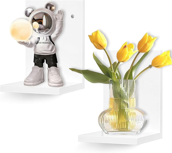 Small Wall Shelf,L-Shaped Small Floating Shelves for Plants Speaker Table Lamp Display,Wooden Ledges Indoor Modern Midcentury Decorative for Gallery Living Room Bedroom Porch,Pine,2 Pack(White)