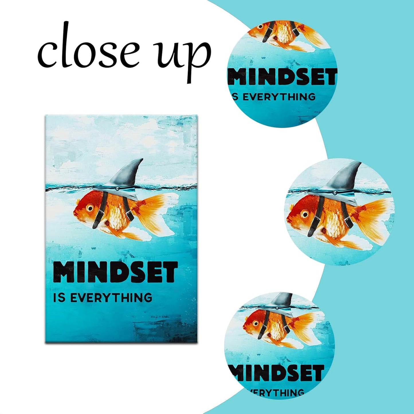 Mindset is Everything Poster Inspiration Wall Art Goldfish Pictures Big Shark Canvas Painting Poster Print Artwork Modern Home Decor for Living Room Bedroom Office Framed Ready to Hang [24''W x 36''H]