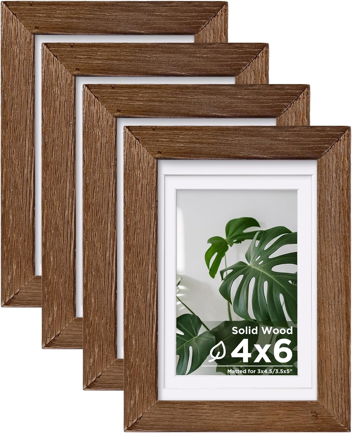 Egofine 4x6 Picture Frames Set of 4, Made of Solid Wood Covered by Plexiglass 3.5x5 with Mat or 4x6 without Mat, for Table Top Display and Wall Mounting Photo Frame,Walnut Brown