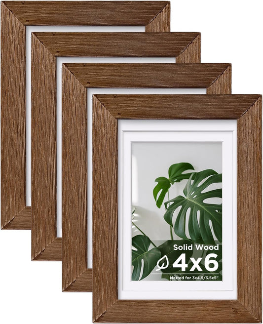 Egofine 4x6 Picture Frames Set of 4, Made of Solid Wood Covered by Plexiglass 3.5x5 with Mat or 4x6 without Mat, for Table Top Display and Wall Mounting Photo Frame,Walnut Brown