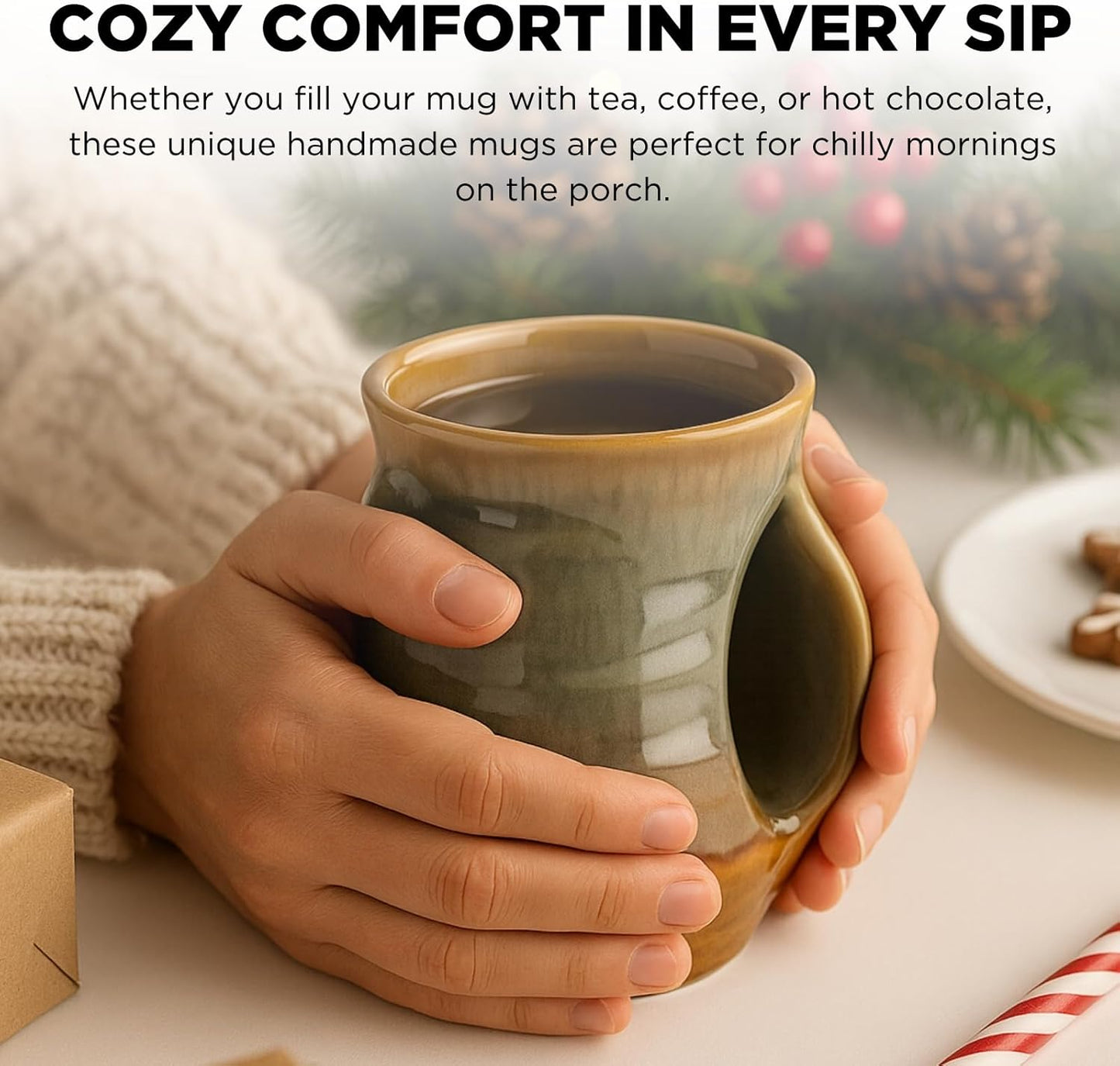 GUTE Hand Warmer Mug, Handmade Pottery Ceramic Hand Painted - Contoured Pocket Holds Warmth From The Heat Of Your Drink To Keep Your Fingers Warm, Comfy Handwarmer (Right hand)