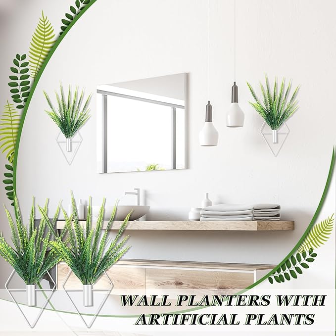 2 Pieces Wall Decor Hanging Planters with Artificial Plants Metal Hanging Vase Indoor Plants Holder Modern Boho Wall Art for Bathroom Bedroom Living Room Decor (White,Boston Fern)