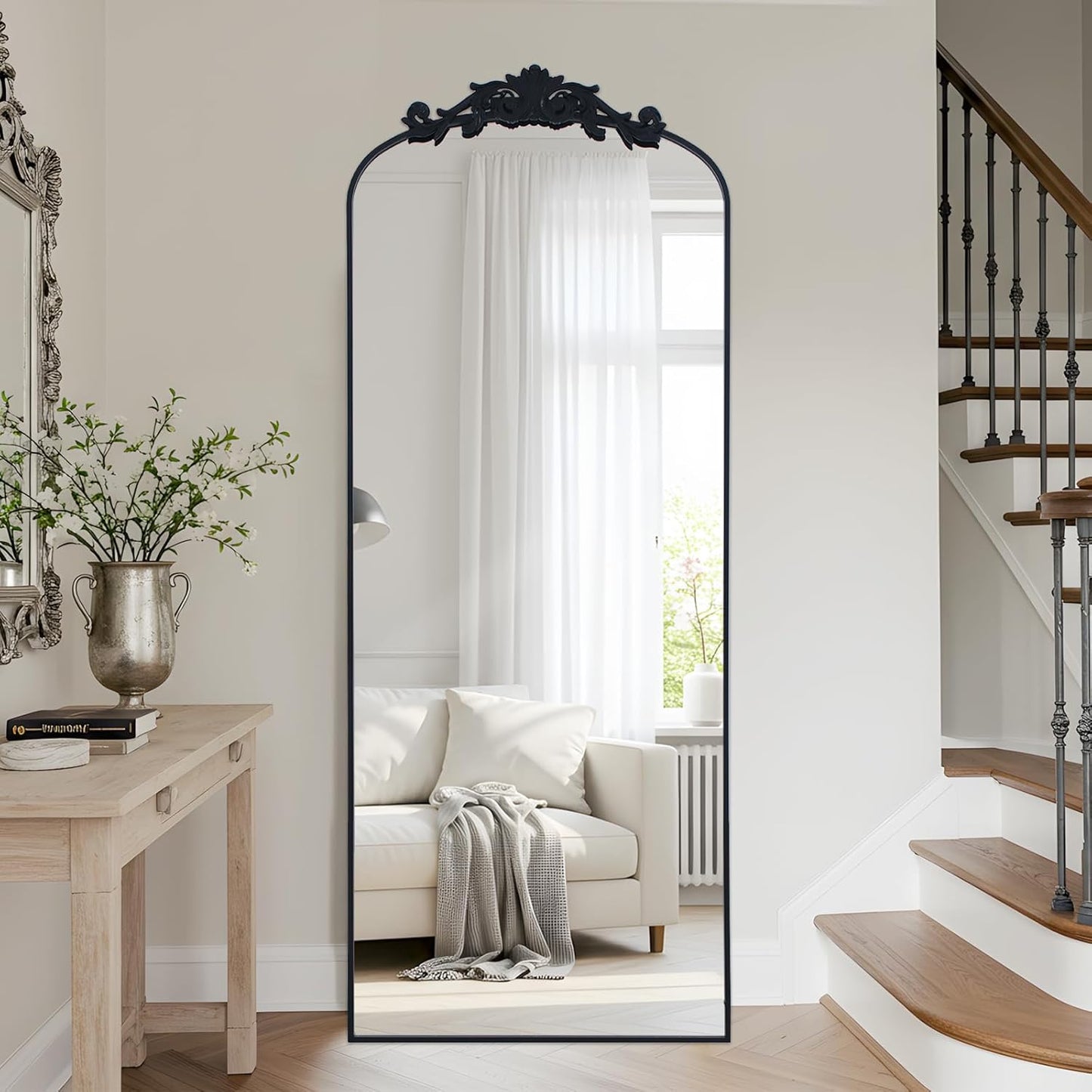 Filigree Floor Mirror 64"x21" Full Length Mirror Freestanding with Vintage Ornate Carved Applique Full Body Hanging Wall Mounted Mirror for Living Room Bedroom Retro Home Decor, Black
