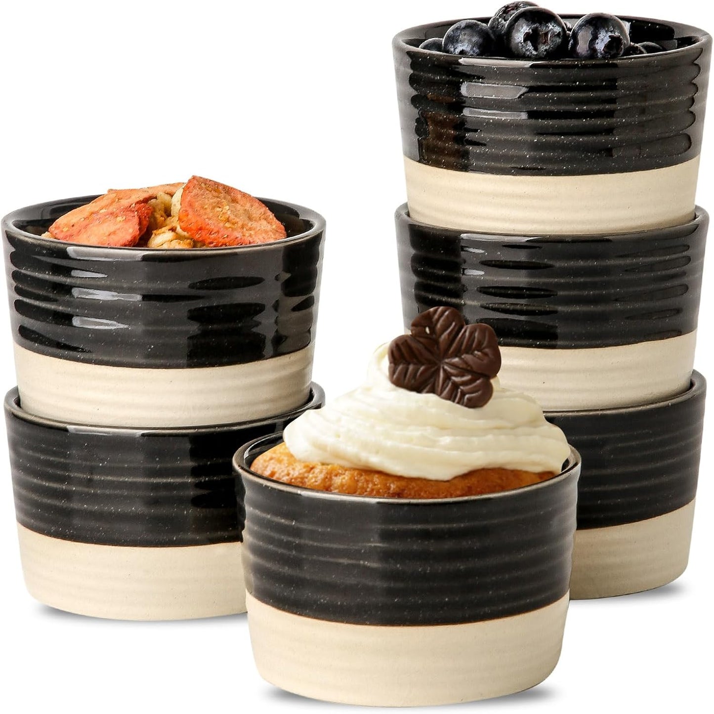 Hasense Ramekins 8 oz, Ceramic Creme Brulee Souffle Ramekins Set of 6, Baking Dishes Oven Safe, Mini Bowls for Pudding, Lave Cake, Pot Pie, Dipping Sauces, Black
