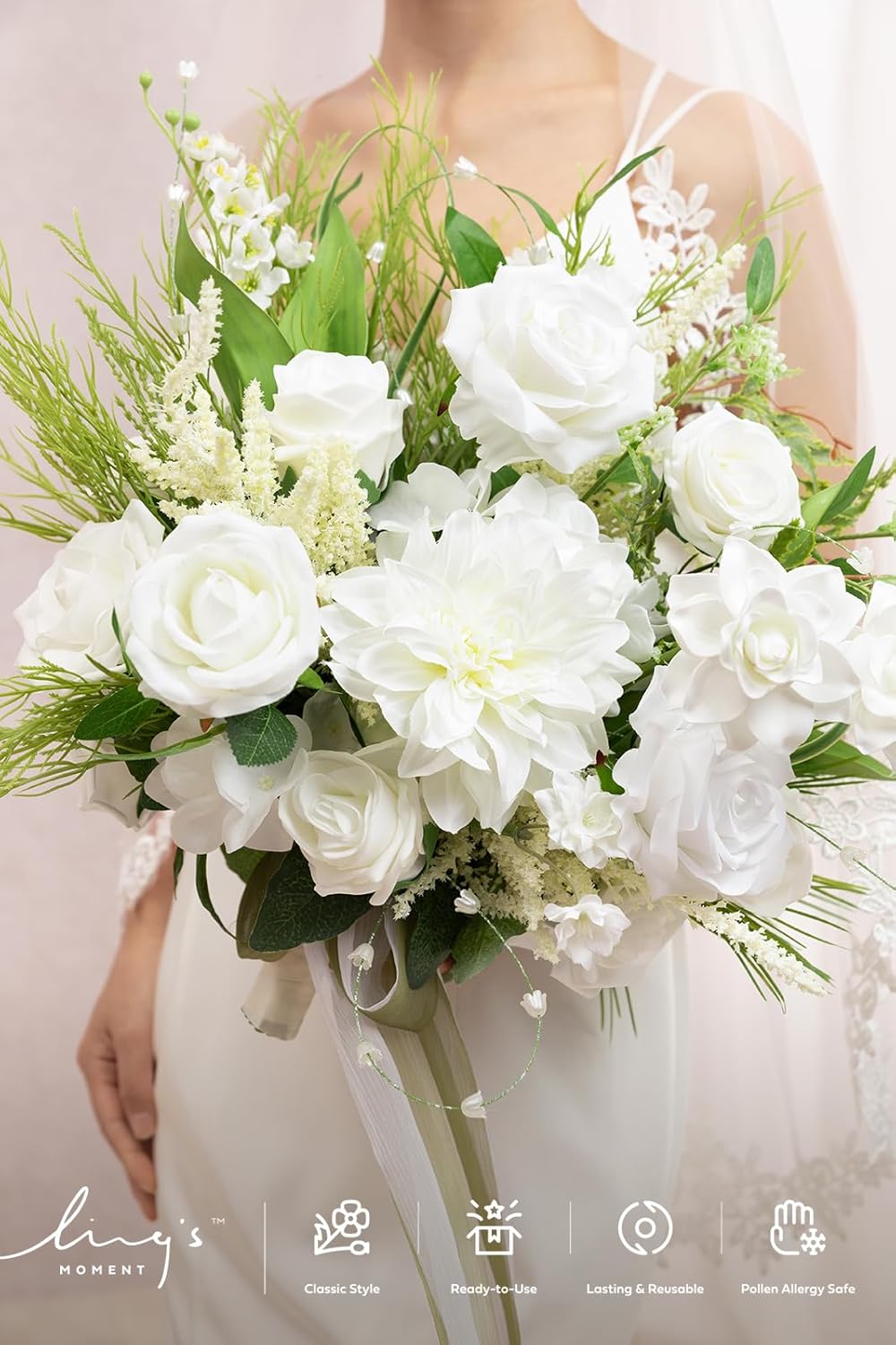 Ling's moment White Wedding Bouquets for Bride, Lily of The Valley Bridal Bouquets for Bride, 15 Inch Free Form Artificial Wedding Flower Bouquet