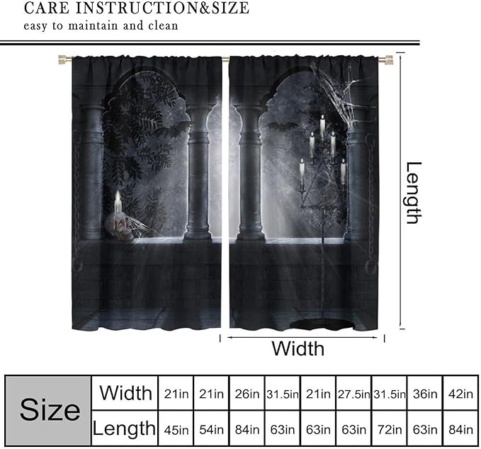Halloween Blackout Curtains，Candle Skull in Weird Dark Scary Balcony Under Bright Moonlight Pattern Drapes Window 2 Panel Rod Pocket Curtain for Bedroom Living Room Decor 21" W X 45" L
