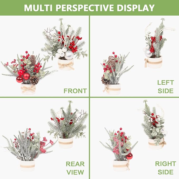 2PCS Small Christmas Tree,11" Artificial Little Potted Mini Tabletop Tree Christmas Decorations, for Wedding Holiday Indoor Xmas Party Decor (Red/Green/White).