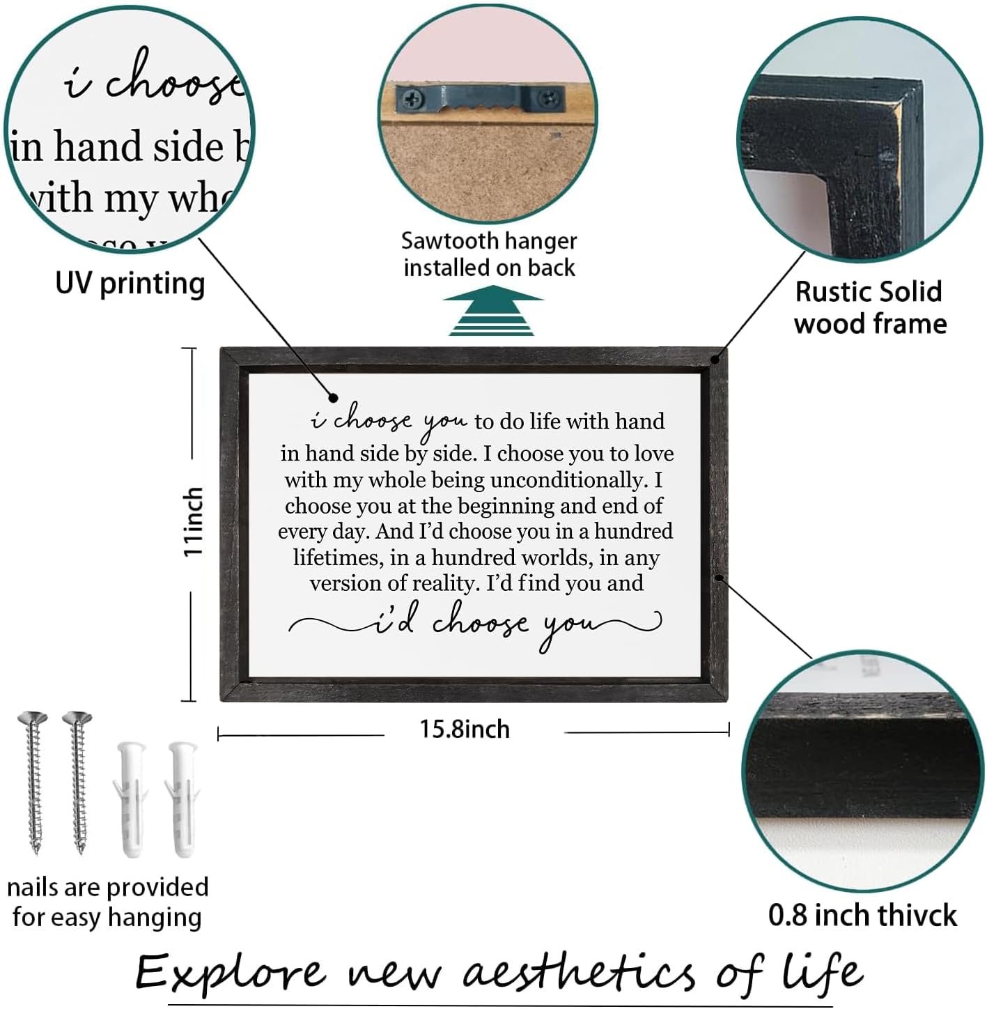 comurdyo I Choose You To Do Life Sign Wall Decor 16"×11" Bedroom Above Bed Art Work Marriage Love Vow Wood Framed Wall Hanging (Black)