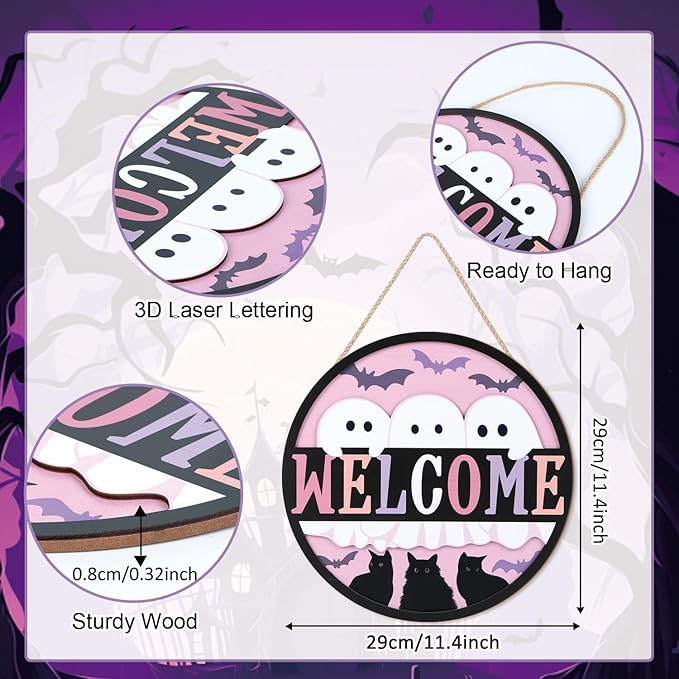 TOARTi 3D Halloween Welcome Front Door Sign Hanging(11.4x11.4''), Rustic Ghost Black Cat Bat Wall Sign Plaque, Farmhouse Halloween Wooden Wall Decor for Home Classroom Office