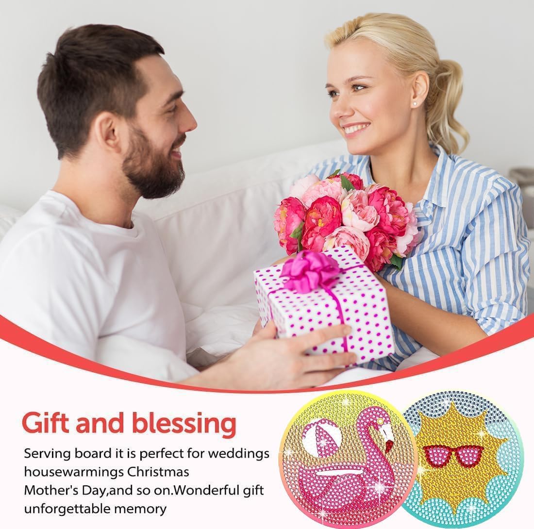 Leatrice 8PCS Beach Diamond Art Coasters Small Diamond Painting Kits for Adults Diamond Dots Round Full Drill Diamond Coasters with Holder Easy Art Crafts for Beginners Women