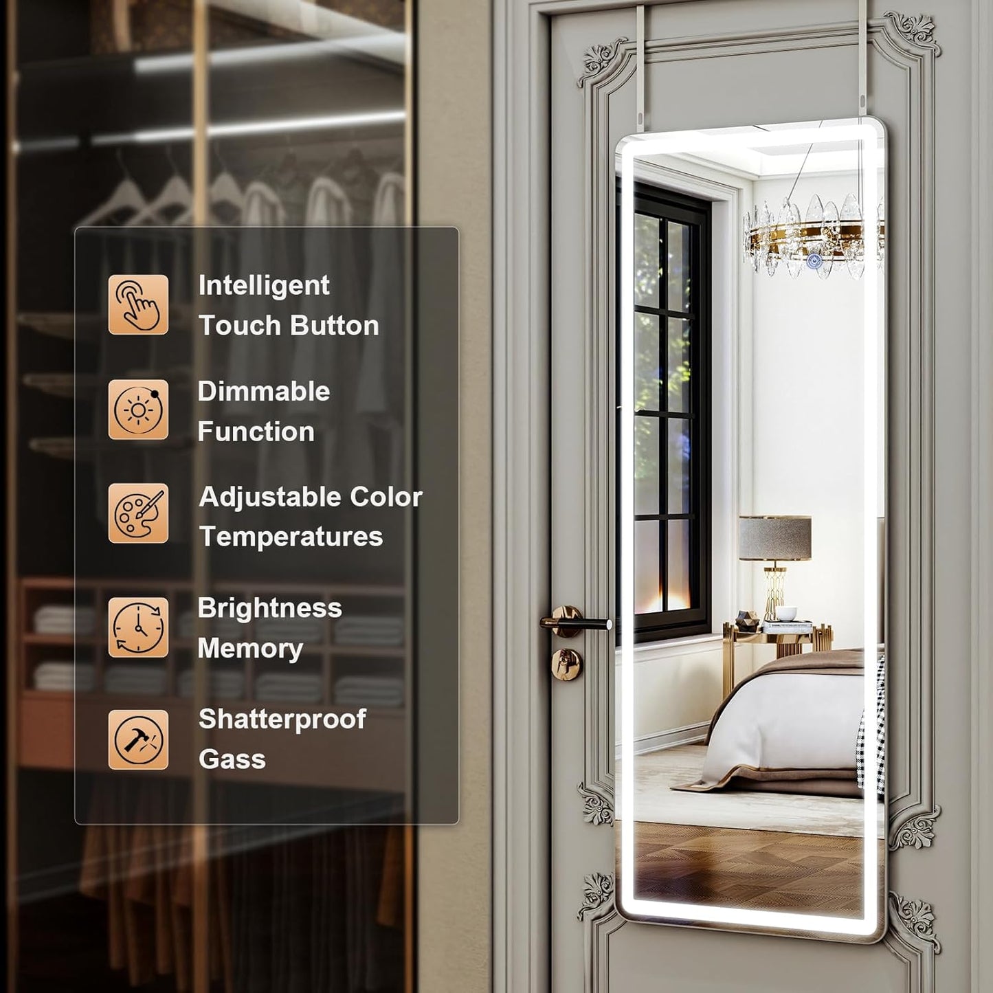 LED White Round Corner Door Hanging Full Length Mirror - 16“ x 48” Adjustable Brightness, Touch Screen Controls, Wall Mounted for Bedroom, Living Room, Cloakroom Dressing Mirror