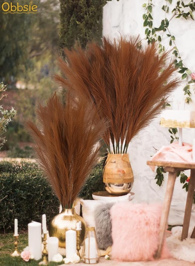 35" Faux Pampas Grass Decor, 8pcs Large Tall Fluffy Artificial Pompous Grass Branches Floral Fake Pompas Grass Bulrush Floor Vase Filler Flower Arrangement for Home Wedding Boho Decor, Brown