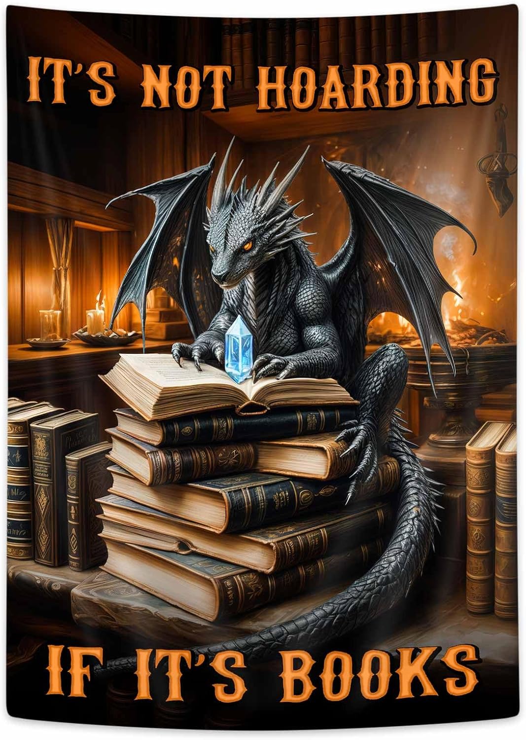 DYNH Black Book Dragon Art Tapestry,Vintage Medieval Dragon Wall Decor, It's Not Hoarding If It's Books,Wall Hanging for Book Lover Library Classroom Reading Nook Home Bedroom Living Room,40X60Inches