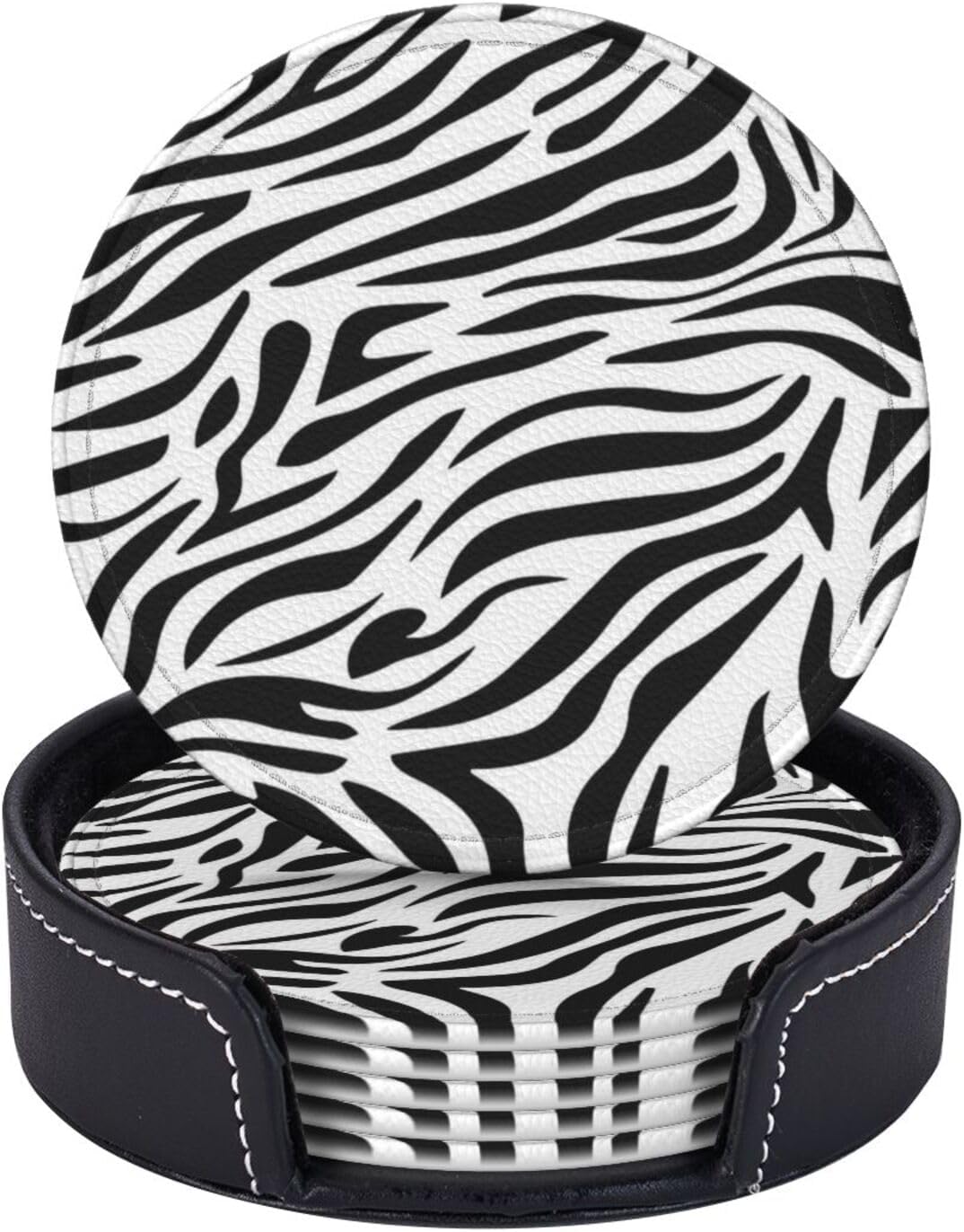 Drink Coasters with Holder Stand Set of 6, Zebra Stripes Print Pu Leather Absorbent Coasters with Cork Base Table Round Coaster for Housewarming Apartment Kitchen Bar Decor