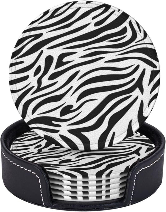 Drink Coasters with Holder Stand Set of 6, Zebra Stripes Print Pu Leather Absorbent Coasters with Cork Base Table Round Coaster for Housewarming Apartment Kitchen Bar Decor