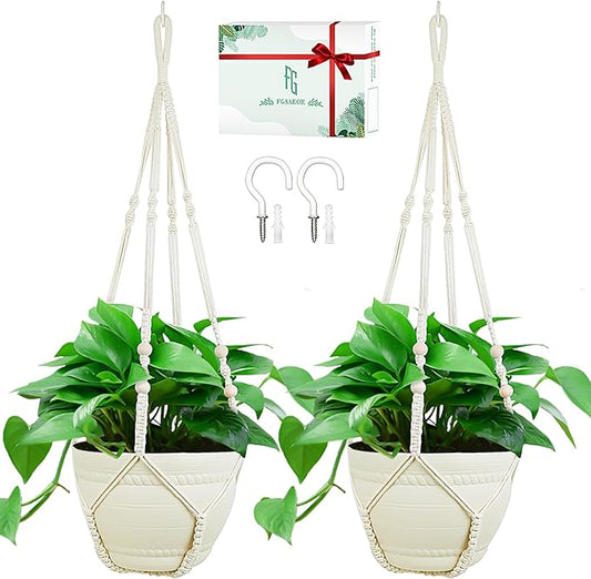 FGSAEOR Macrame Plant Holder Indoor Outdoor, Hanging 3-15 inch Pot, Bearing 20lb Planters, DIY Handmade Hanging Planter Basket, 35-Inch Extra Long Strong Boho Home Décor (2-Pack) (Ivory)