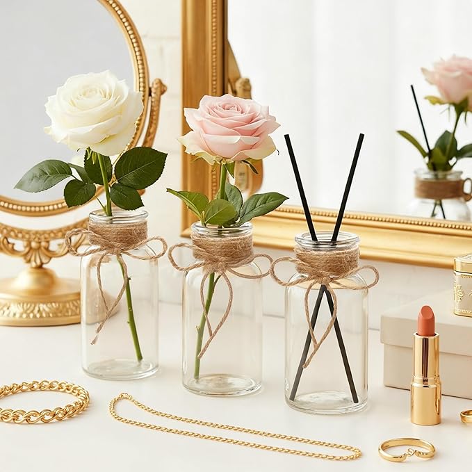 Vintage Glass Flower Vase Bulk 16 Pack Farmhouse Transparent Centerpiece Vases with Hemp Rope Mason Jars for Weddings Parties Dining Table Home Decor（Medium）