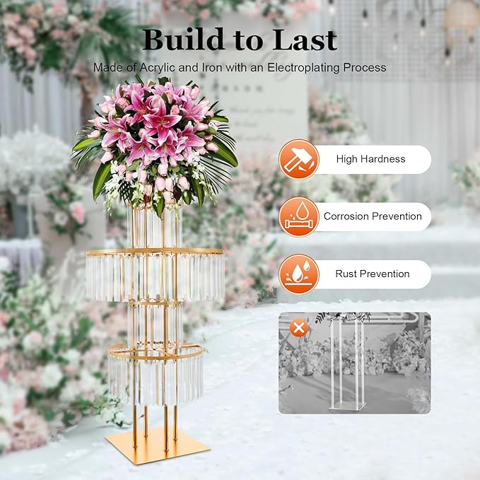 5 Tier Gold Vases Centerpieces Stands 43.3" Tall Crystal Flower Stand Wedding Flower Stand Decor Chandelier Pedestal Stand for Stage
