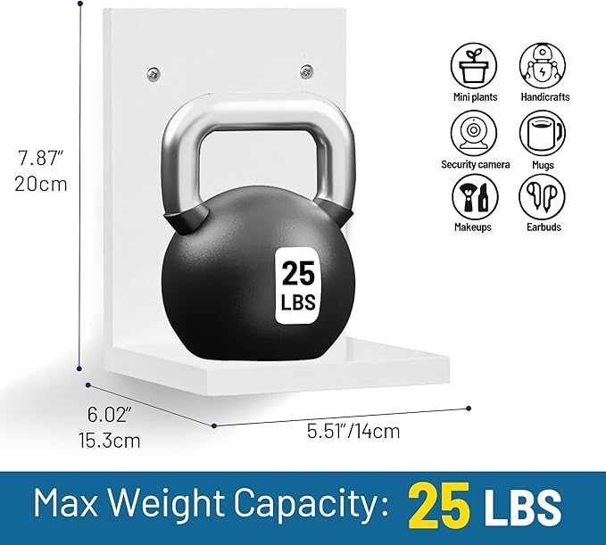 Small Wall Shelf,L-Shaped Small Floating Shelves for Plants Speaker Table Lamp Display,Wooden Ledges Indoor Modern Midcentury Decorative for Gallery Living Room Bedroom Porch,Pine,2 Pack(White)