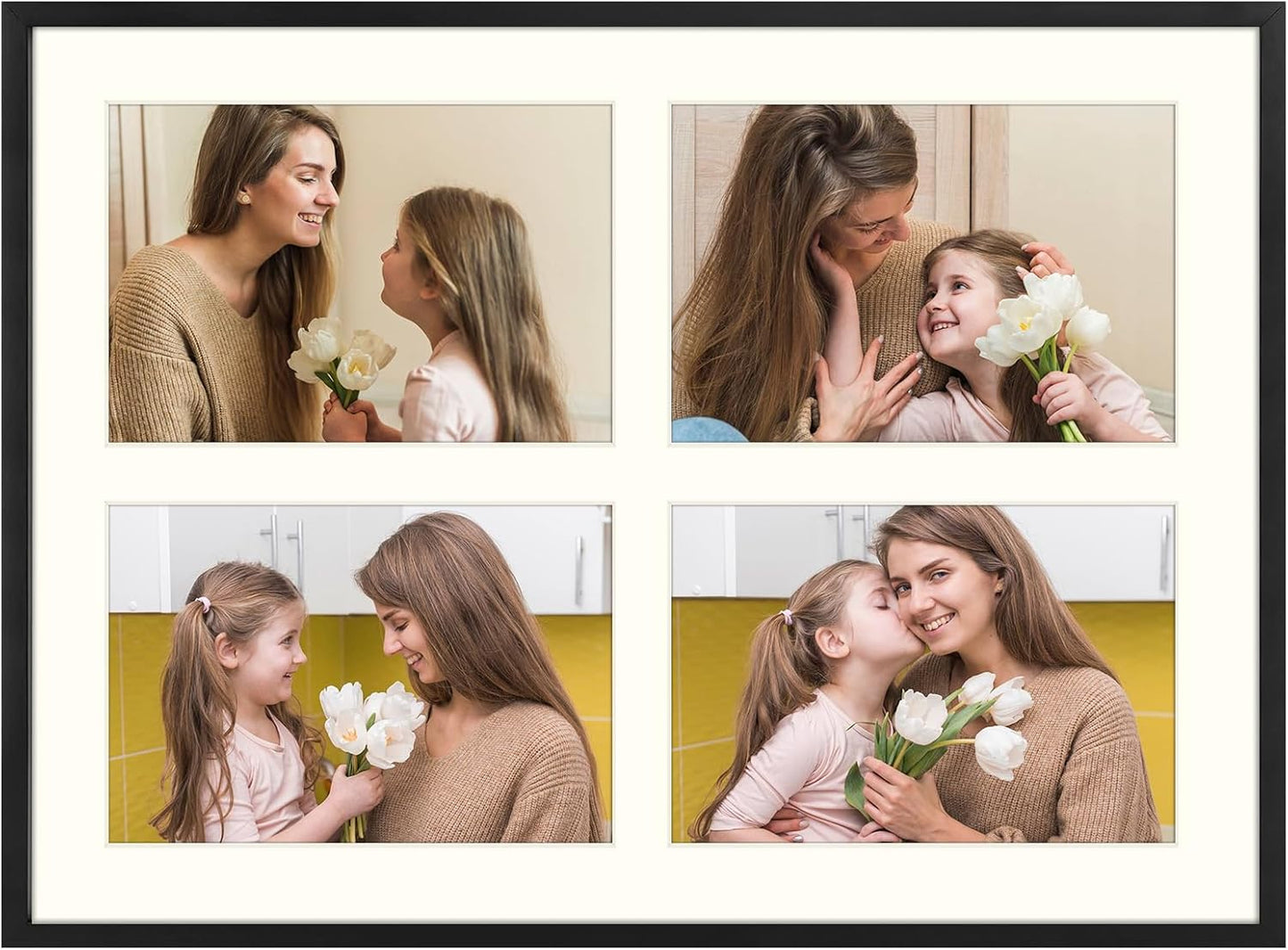 Frametory - 12x16 Aluminum Collage Picture Frame - Display 5x7 Pictures with 4 Openings Mat - Real Glass Front - Horizontal/Vertical Wall Mount - Black 1 Pack