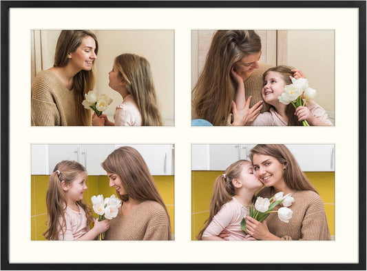 Frametory - 12x16 Aluminum Collage Picture Frame - Display 5x7 Pictures with 4 Openings Mat - Real Glass Front - Horizontal/Vertical Wall Mount - Black 1 Pack