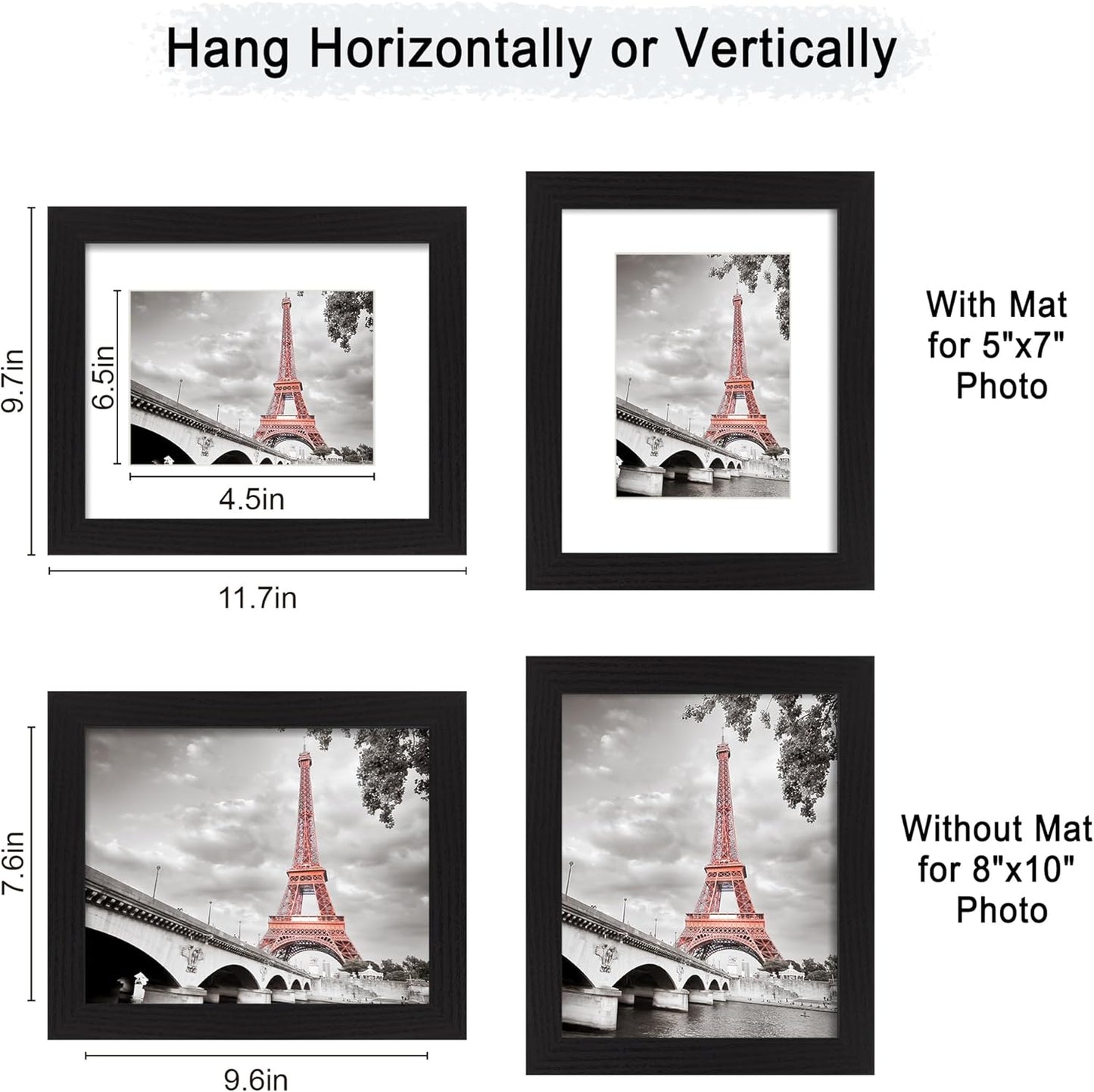 iRahmen 8x10 Picture Frame Set of 2, Black Wood Photo Frame with High Definition Real Glass, Display Pictures 5x7 with Mat or 8 x 10 without Mat for Tabletop or Wall Mounting