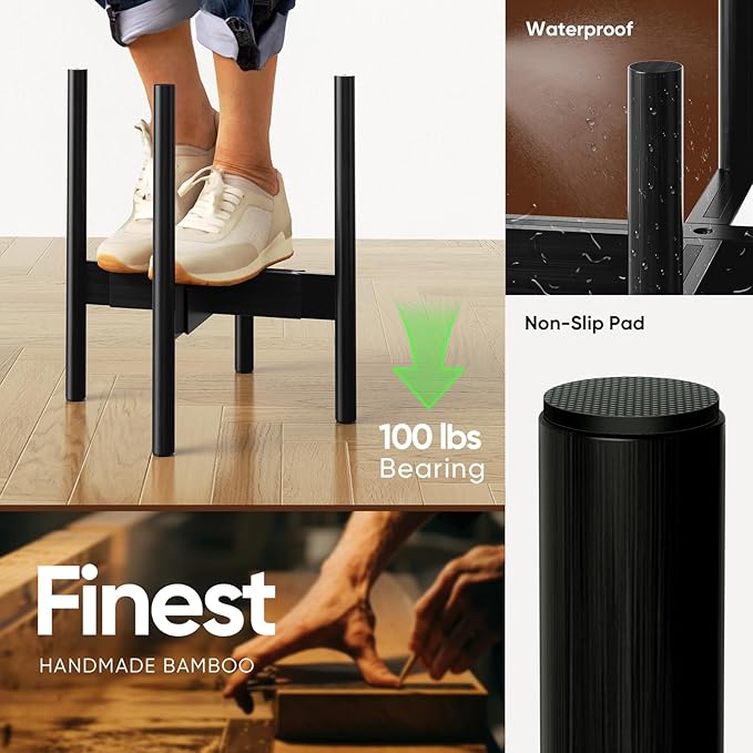 MUDEELA 14 Inch Tall Plant Stand for Indoor, Adjustable Width Bamboo Plant Stand for 8 9 10 11 12 Inches Pot, Single Tier Planter Holder Floor Stand, Mid Century Modern Style, Black, Without Pot