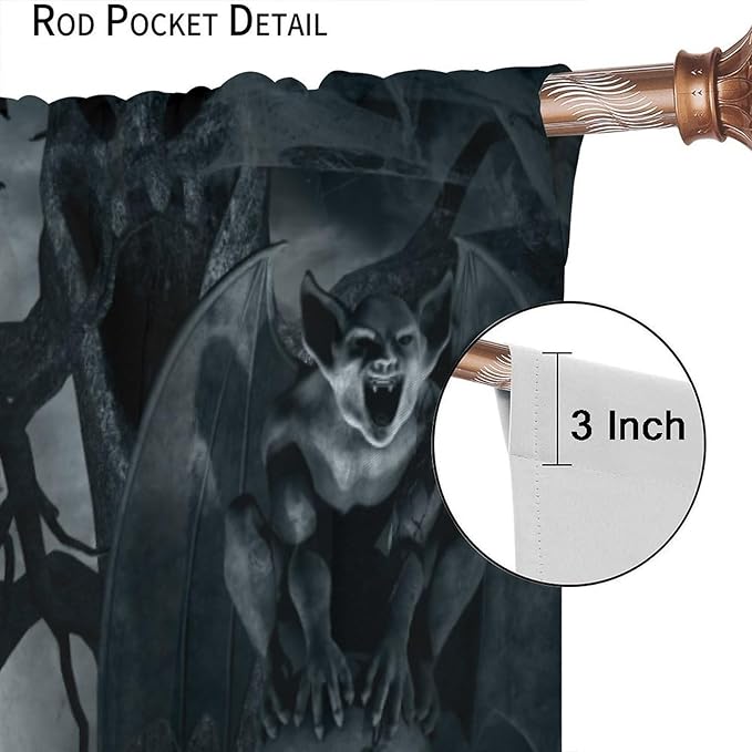 Gothic Blackout Curtains, Halloween Creepy Horror Gargoyles Bat Pumpkin Skeleton Pattern Drapes Window 2 Panel Rod Pocket Curtain for Bedroom Living Room Decor 21" W X 63" L