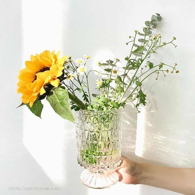 BLOFLO Embossed Glass Vase, 7'' Crystal Glass Vases, Pedestal Big Base Glass Bouquet Vase, Hydroponic Glass Transparent Vase for Home Office Wedding Dining Table Party (Long Rhombus Pattern)