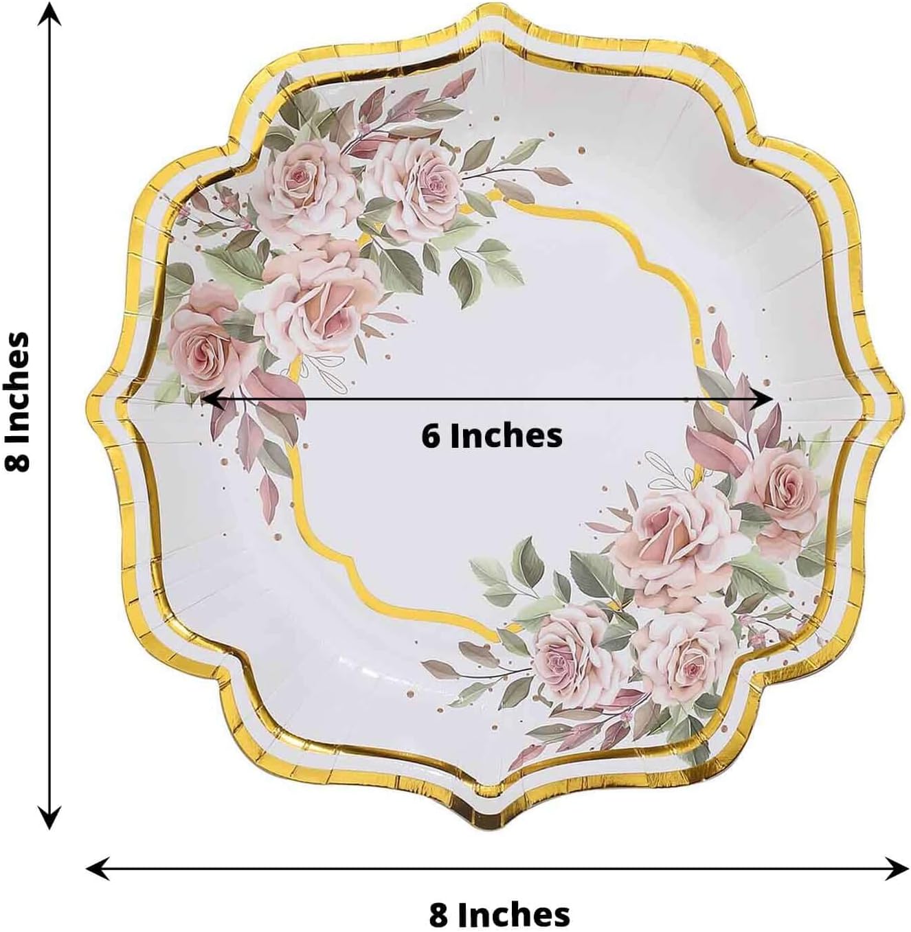 Efavormart 25 Pack | White/Gold Floral 8" Scallop Rim Dessert Appetizer Party Paper Plates, Disposable Salad Plates - 300 GSM