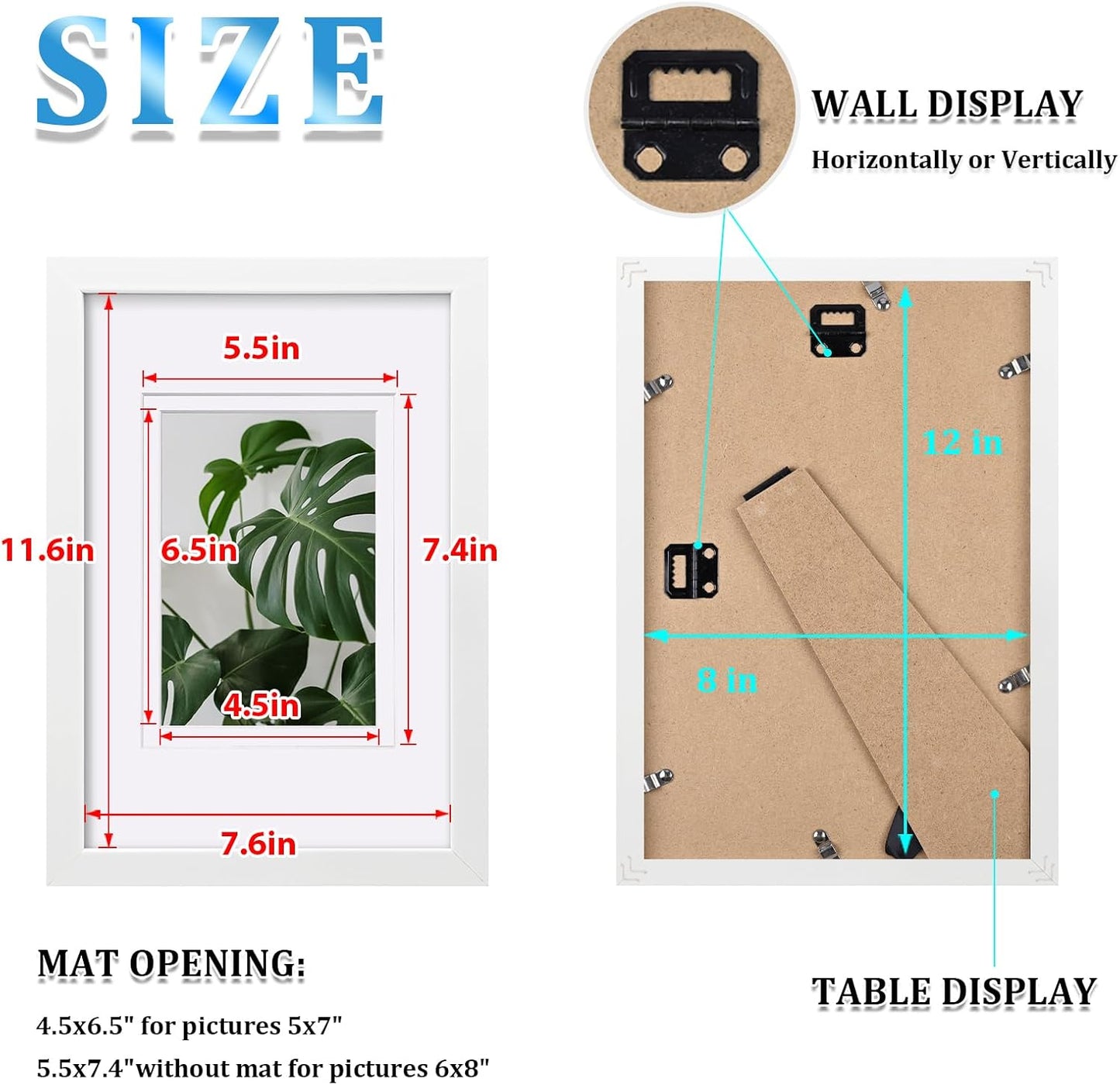 Egofine 8x12 Picture Frames Set of 4, Made of Solid Wood Covered by Plexiglass 5x7 and 6x8 with Mat or 8x12 without Mat, for Table Top Display and Wall Mounting Photo Frame White