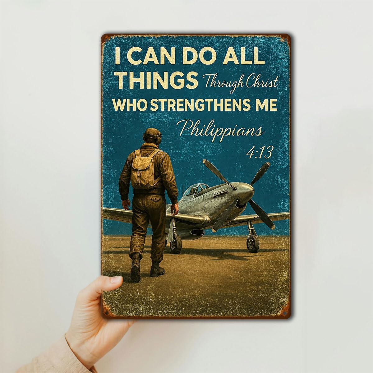Inspirational Vintage Airplane Wall Decor – “I Can Do All Things Through Christ” Retro Tin Sign for Boys Room, Aviation Lovers, or Man Cave – 8x12 Inch Christian Metal Wall Art