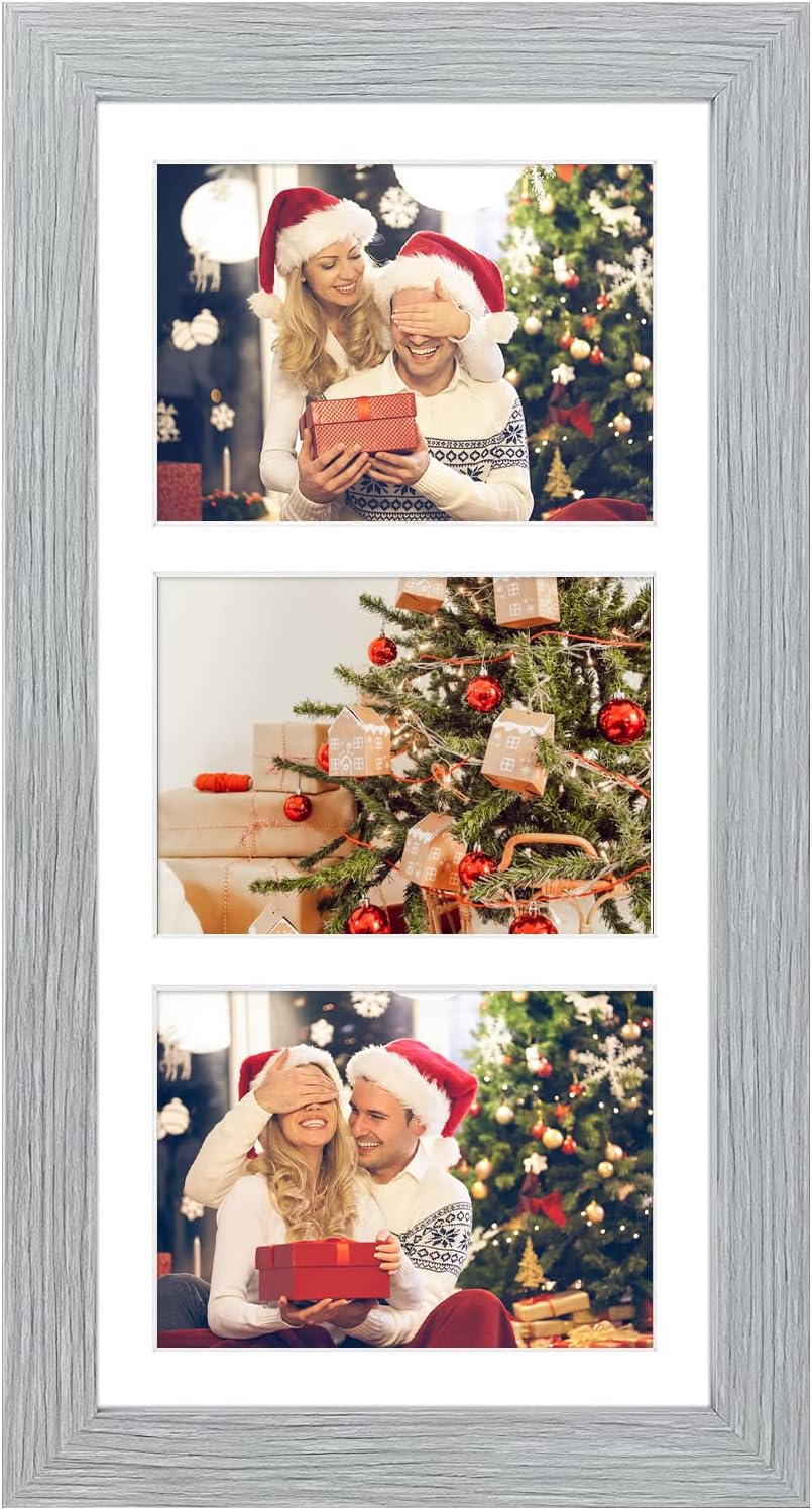 Golden State Art, 7x14 Grey Photo Wood Collage Frame with Mat Displays Three 4"x6" Pictures, Solid Wood with Real Glass Multiple Collage Frame