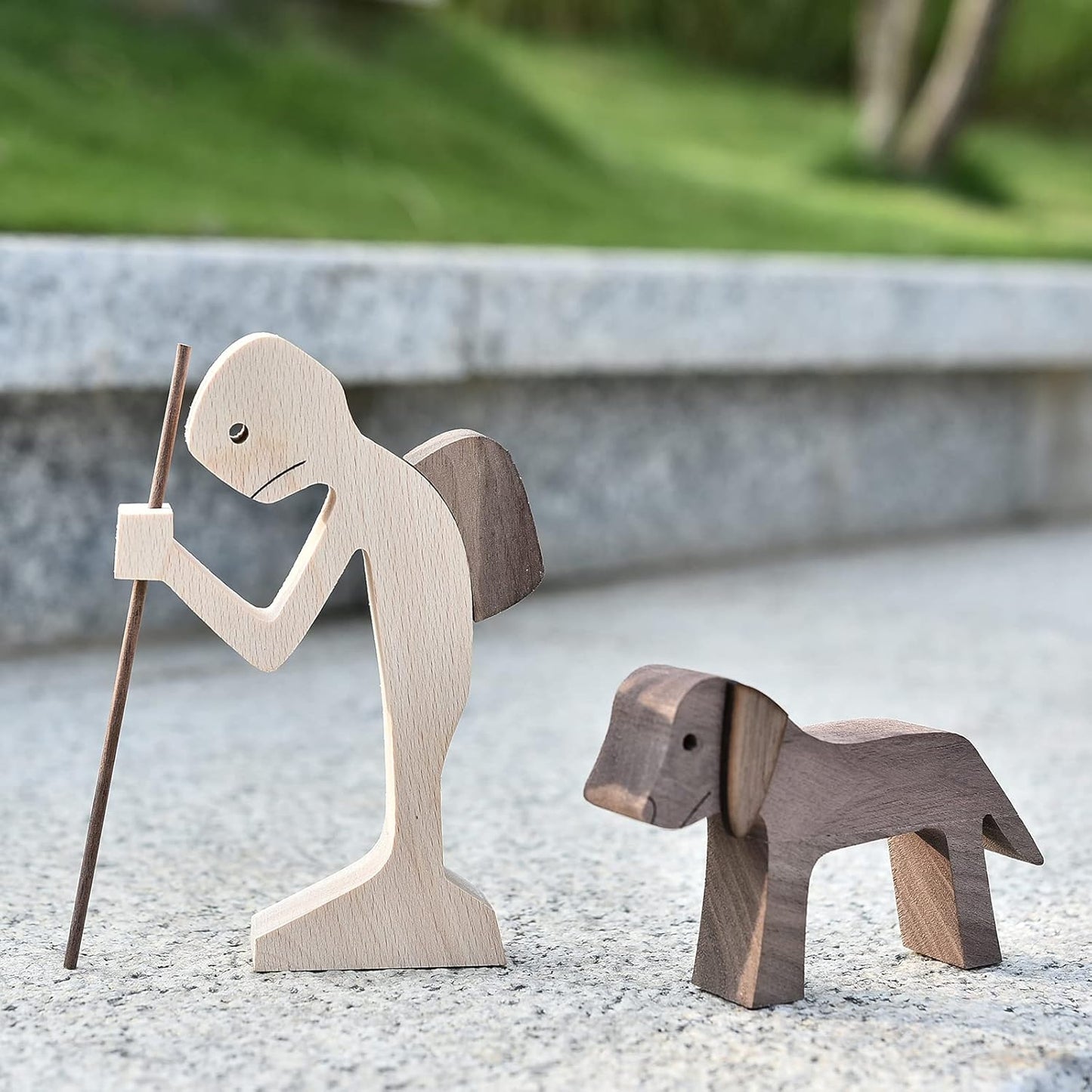 ISHINE Handmade Wooden Statue for Home Decor, Man and Dog Wood Figurine, Wood Decor Accents Craft Figurine for Bedroom Home Office Shelf Decor Gift Natural ECO Friendly