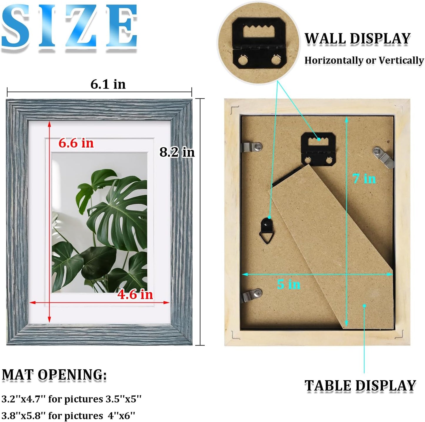 Egofine 5x7 Picture Frames Set of 4, Made of Solid Wood Covered by Plexiglass 3.5x5 and 4x6 with Mat or 5x7 without Mat, for Table Top Display and Wall Mounting Photo Frame Rustic Blue