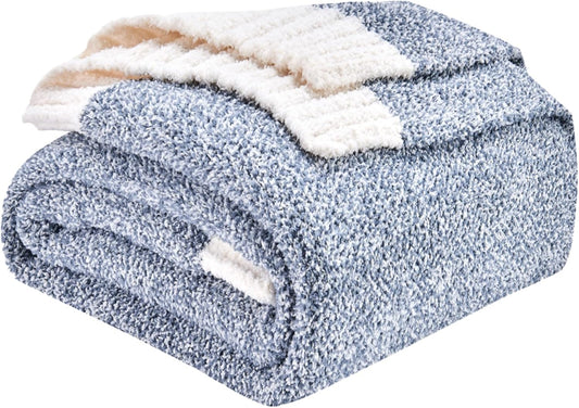 CozeCube Super Soft Fullfy Microfiber Reversible Knitted Blankets, Warm Cozy Fuzzy Plush Throw, Dusty Blue and White Melange Throw Blanket for Couch Bed Sofa, 50" x 60"