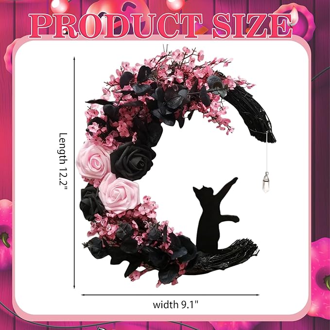 Halloween Wreaths For Front Door, Flower Moon Cat Halloween Home Decoration, Halloween Family Gathering Decoration Wreath，Outdoor, Wall, Closet, Fence, Wreath Halloween (Pink)