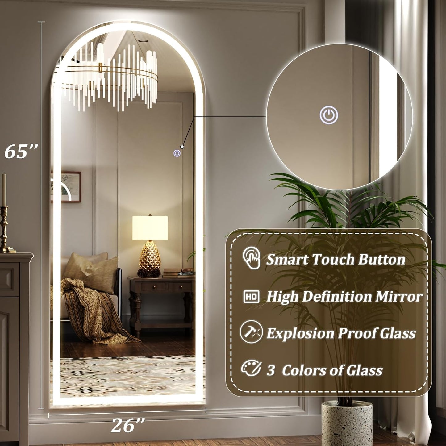 LED Arched Full Length Mirror with Lights 65"x26" - Lighted Floor Mirror with Dimming & 3 Color Lighting, Aluminum Frame Standing Leaning or Hanging for Bedroom Cloakroom White