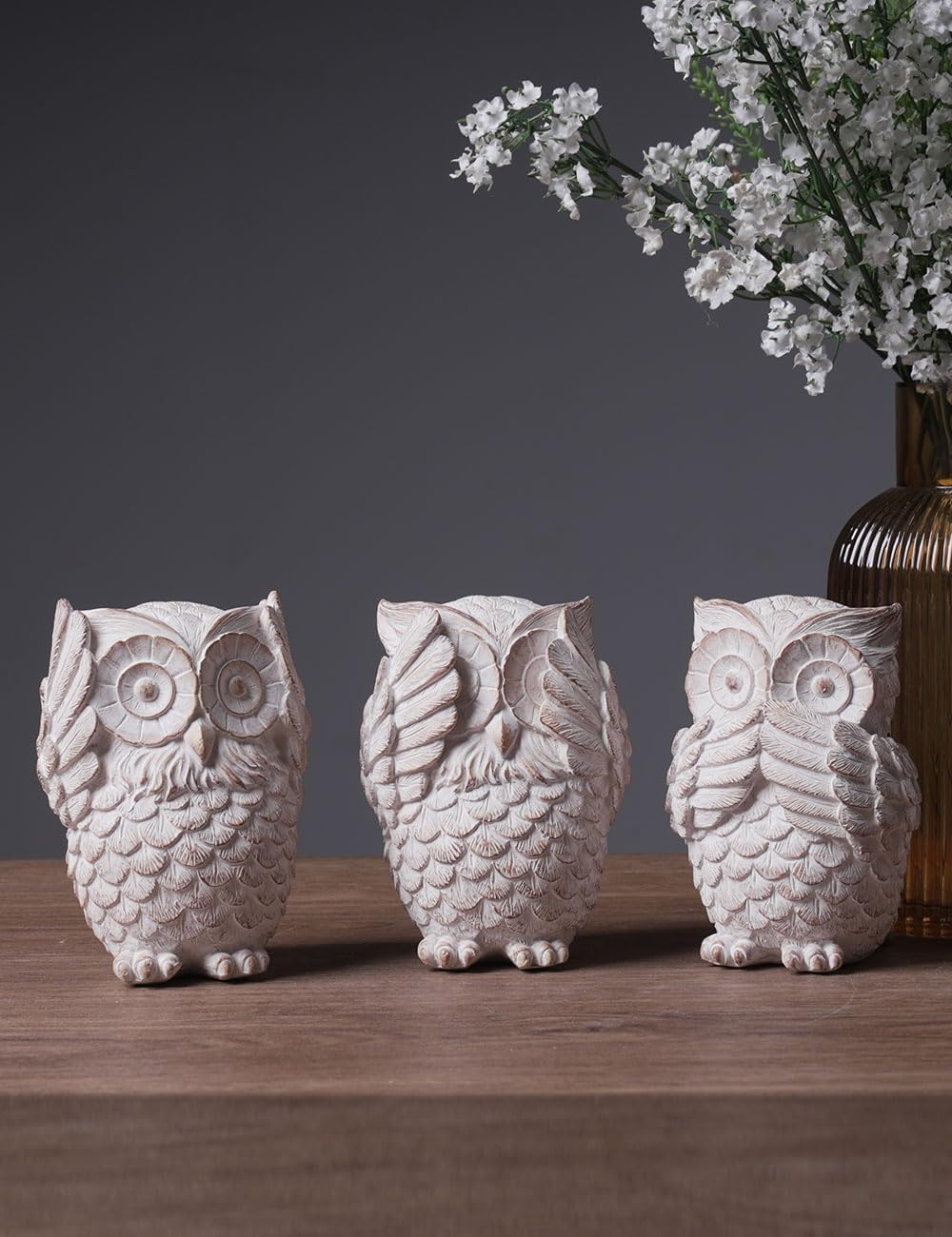 HAUCOZE 3pcs Owl Figurine Statue Animal Decor Gifts Modern Arts Sculpture Polyresin 5.1inch